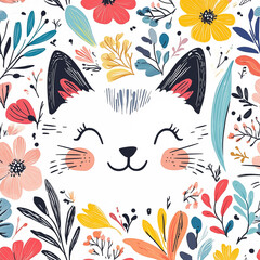 A cute kawaii cat face surrounded by vibrant, hand-drawn floral elements. print t-shirt design perfect for kids’ designs, stationery, and textiles