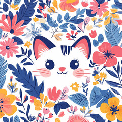 A cute kawaii cat face, hand-drawn floral elements. print t-shirt design perfect for kids’ designs, stationery, and textiles