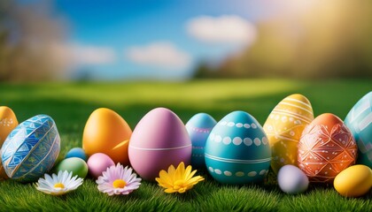 Fototapeta premium a colorful display of easter eggs on a vibrant green grass background