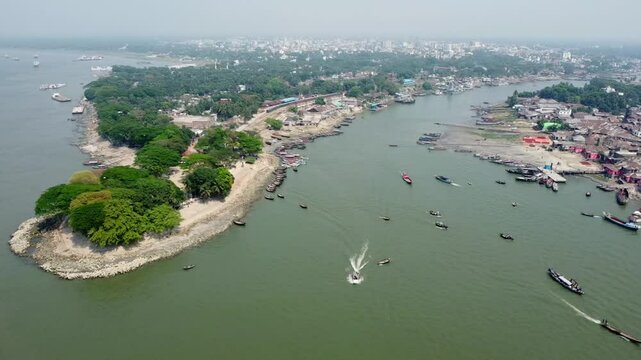 Chandpur, Bangladesh 30th March, 2025 : Chandpur is the estuary of three major rivers in Bangladesh. Drone view of Chandpur city, the city of Hilsa fish.Natural view and skyline of chandpur city.