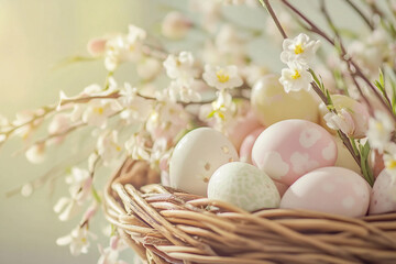 Easter festive basket bird nest with painted speckled eggs blooming willow branches spring light, Generative AI