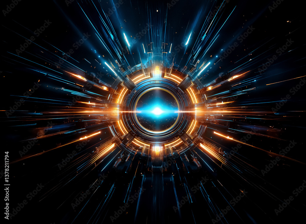 Poster Description:
Circular tech object with radiating blue and orange light on black. Energy pulses from the center, creating a dynamic, futuristic and technological feel.

Keywords:
