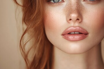 Obraz premium Lip augmentation concept. Unrecognizable lady receiving hyaluronic acid injection, posing on beige studio background, cropped, closeup, Generative AI