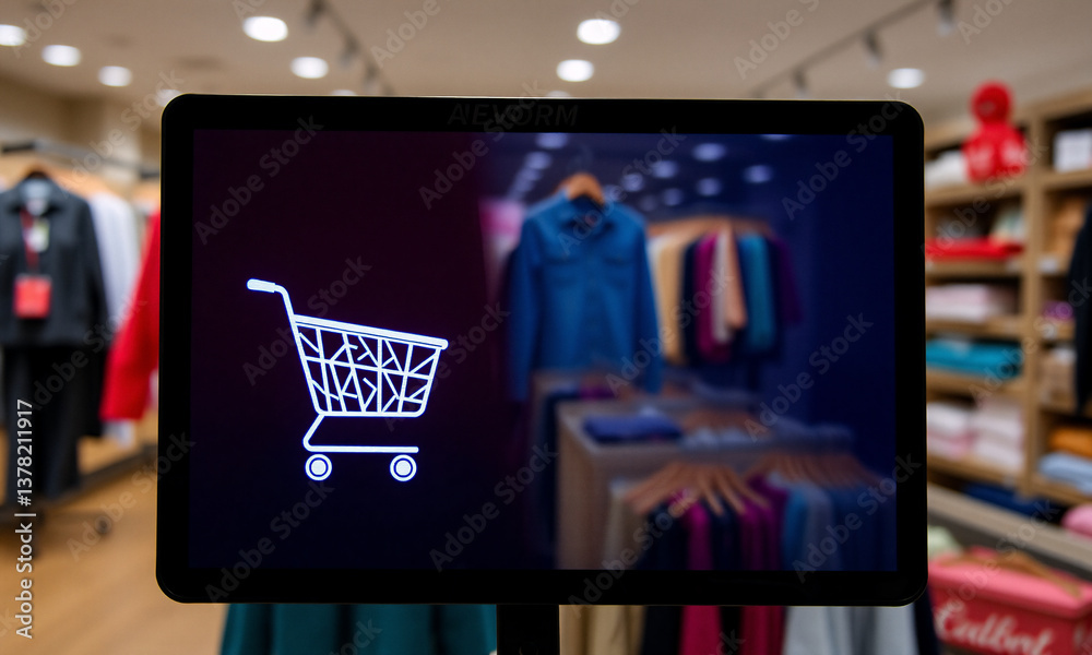 Poster digital screen displaying a shopping cart symbol is positioned in a clothing retail store. racks and