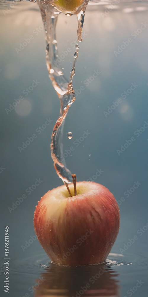 Poster A fresh red apple plunges into clear water, creating a dynamic splash and ripple effect. The fruit is partially submerged, showcasing the movement and energy of the water.