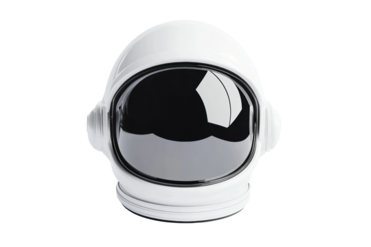 White astronaut helmet with dark visor reflecting light on black background, cut out