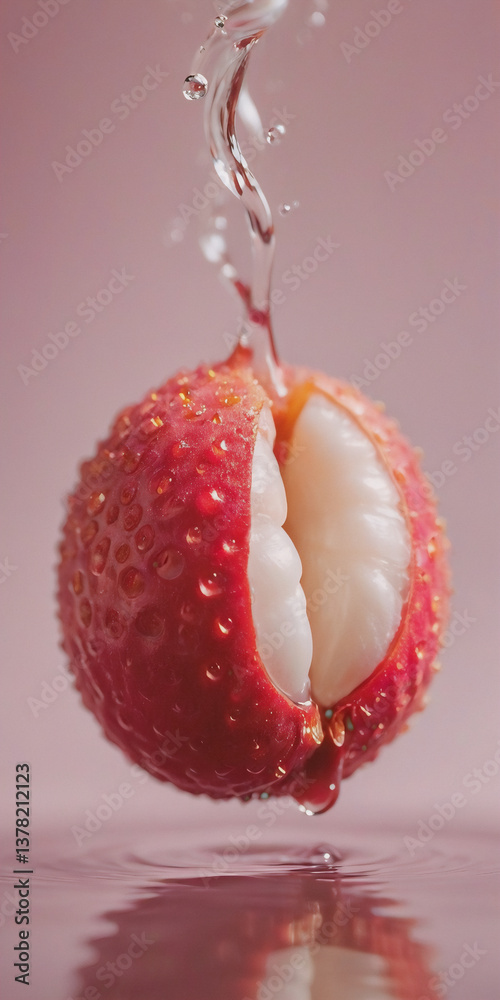 Poster juicy lychee, partially peeled, is splashed with water. droplets and splash effect on a soft pink ba