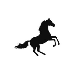 A black and white vector silhouette of a standing horse with a strong and elegant posture on a white background