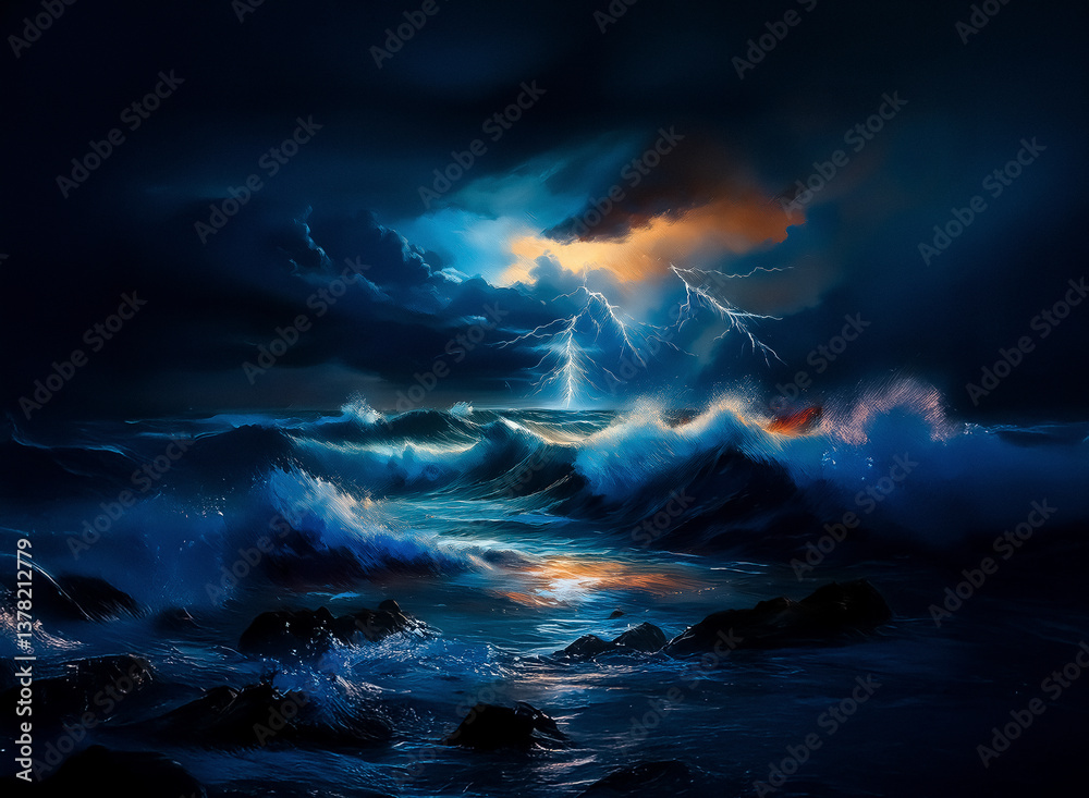 Aufkleber a dramatic seascape shows a turbulent ocean under a dark, stormy sky. lightning flashes illuminate c