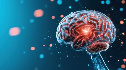 Digital illustration of a brain with glowing elements, representing thoughts and creativity.