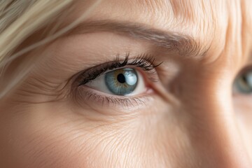 A close-up photo of a middle-aged woman's face with pronounced age-related skin changes, wrinkles, swelling, and sagging.