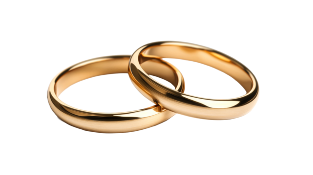 Two interlocked gold wedding rings, symbol of love, cut out transparent