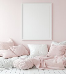 Pink room interior with blank frame and pillows.