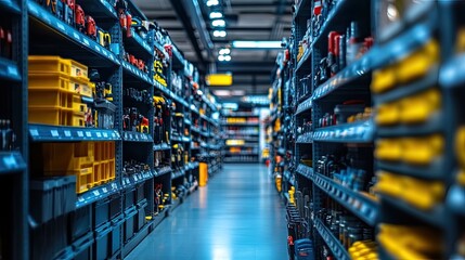 Abstract blur supermarket aisle with hardware and tool background with shopping cart.