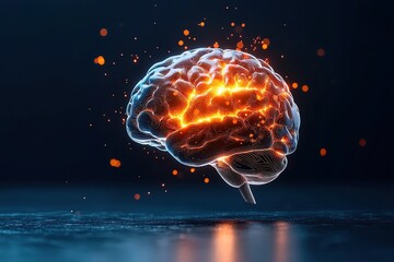 Fototapeta premium Illuminated brain with glowing connections and abstract particles on a dark background.