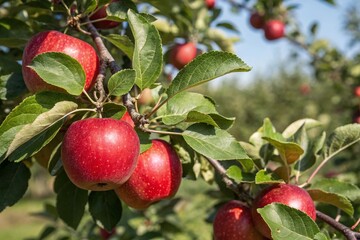 Juicy red apples ripening on a sun-drenched orchard branch, a vibrant summer harvest scene with lush green leaves and bright sunlight.