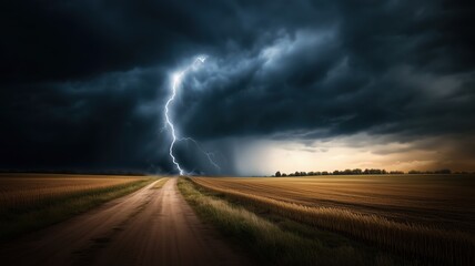 Lightning bolt strikes empty countryside road under dramatic stormy sky at sunset