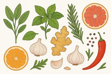 Delicate Hand-Drawn Culinary Elements, Including Fresh Herbs and Spices for Food Design