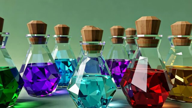 Low-poly 3d potion bottles, filled with liquids of a different color on a green abstract background. Video game assets.