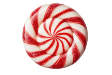 Red and white swirled peppermint candy close-up on black background, cut out