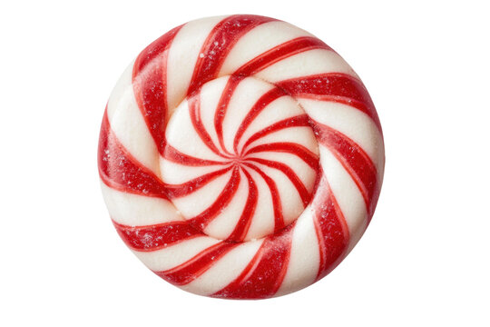 Red and white swirled peppermint candy close-up on black background, cut out