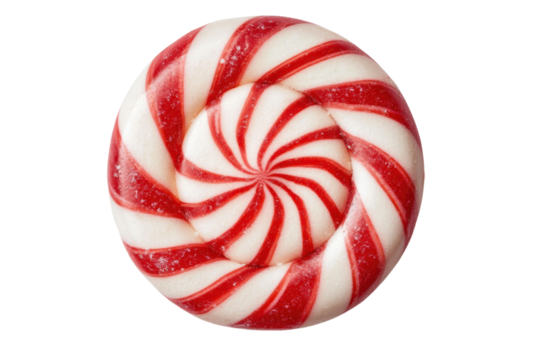 Red and white swirled peppermint candy close-up on black background, cut out