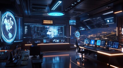 Obraz premium Futuristic Command Center: Global Network Monitoring