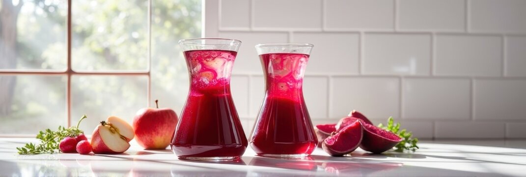 Fresh apple and beetroot juice in sunlit kitchen