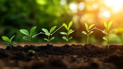 Fototapeta premium Growing Plants Seedlings Business Growth Concept Sustainable Development Ecology Nature Spring Green Shoots Plants Growing in Soil Rich Earth 
