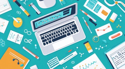 A detailed view of a laboratory bench with DNA sequencing instruments and molecular diagrams.