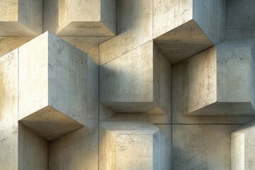 Modern abstract concrete cube structures with geometric patterns and dynamic shadows