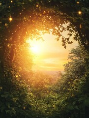 Sunlit Forest Opening with Golden Light and Sparkling Dust Particles