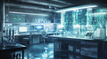 Fototapeta premium A futuristic DNA lab with glowing analysis screens and high-tech sequencing equipment.