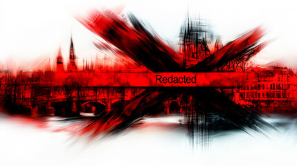 A red and black “X” slashes across a cityscape, with the word “Redacted” centered over the image. The skyline is obscured in expressive strokes, evoking censorship.
