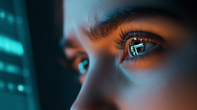 A high-tech close-up of a womanâs face with a transparent firewall interface reflecting in her eyes, struggling against an AI cybersecurity breach