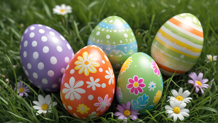 A Cluster of Delight: Decorative Easter eggs nestled in vibrant green grass, adorned with colorful patterns and surrounded by small daisies.