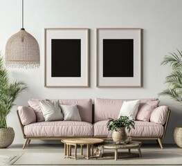 Pink sofa in minimalist living room with rattan lamp and framed art.