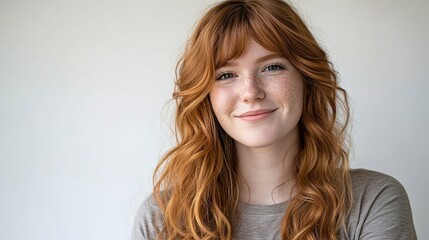 A young woman with vibrant red hair and freckles, a gentle smile gracing her face, exudes natural beauty against a simple, light background.