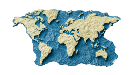 Rough world map model illustration, countries, land, oceans, isolated, cut out transparent
