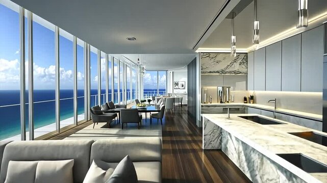 Luxury beachfront condo with panoramic ocean view, modern open-plan living space, marble kitchen island, and sleek gray sectional sofa.