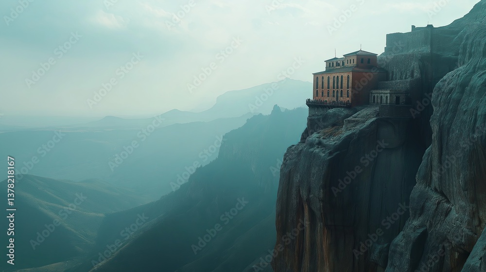 Poster a distant mountaintop monastery perched on the edge of a cliff.