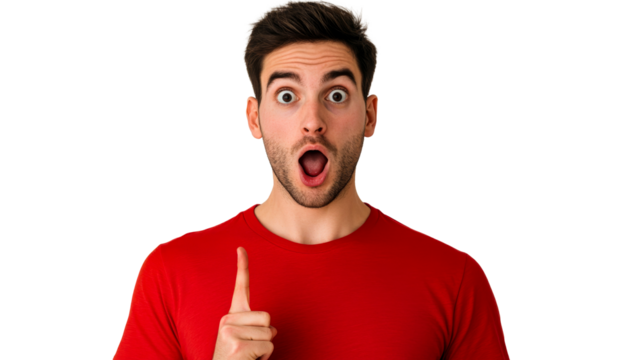 Man looking surprised, pointing finger up, with open mouth, cut out transparent