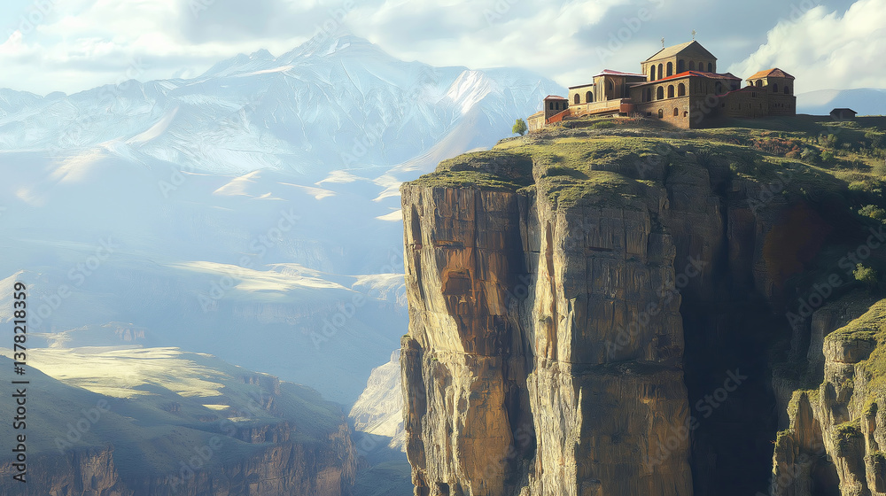 Poster a distant mountaintop monastery perched on the edge of a cliff.