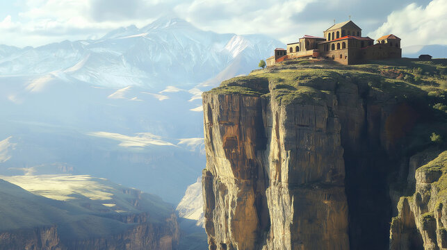 A distant mountaintop monastery perched on the edge of a cliff.  - Powered by Adobe