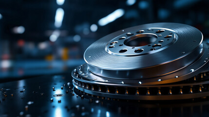 A close-up view of a ventilated silver brake disc rotor, highlighting its intricate machining details, set against a dark blurred background for contrast