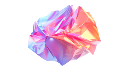 Abstract iridescent crystal shape with folded planes and angles, cut out transparent