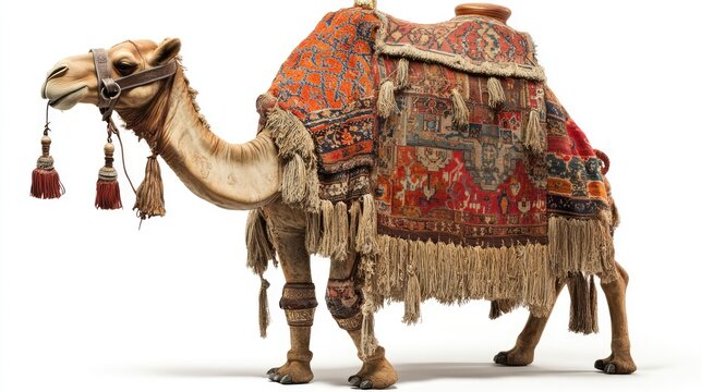 A decorated camel stands gracefully, adorned with a vibrant patterned saddle blanket featuring shades of orange,