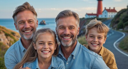 Obraz premium Happy family smiling in scenic coastal road with a lighthouse background portrait photo 