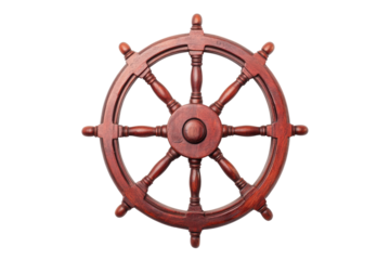 Wooden ship wheel isolated on black background with detailed texture, cut out