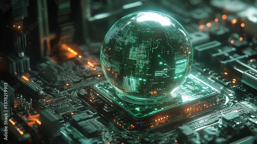 Poster Futuristic abstract image of AI in cybersecurity with quantum computing, glowing sphere on circuit board, advanced tech, data processing, defense